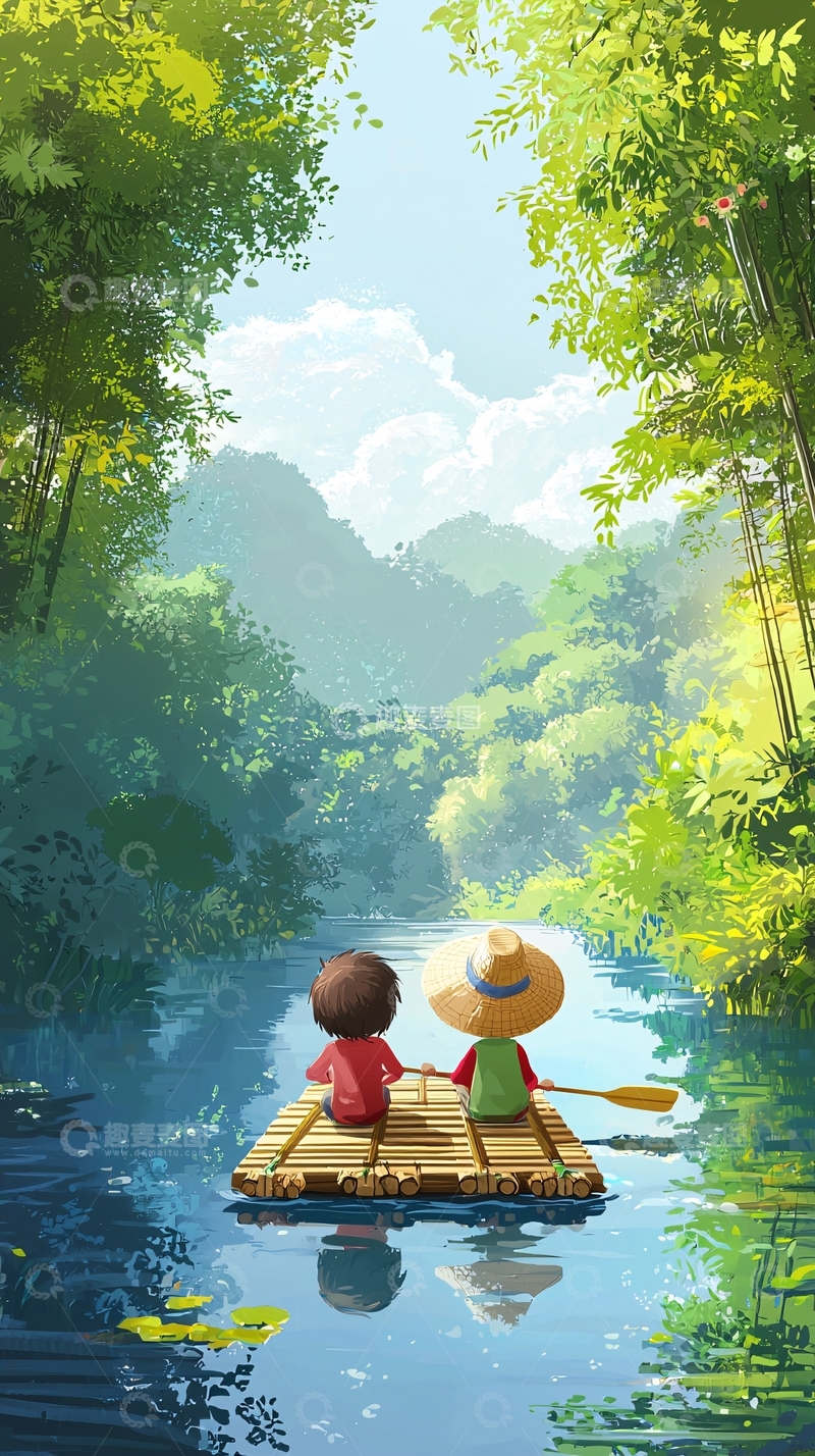 高清大图下载【趣麦麦图】绿色森林河流木筏