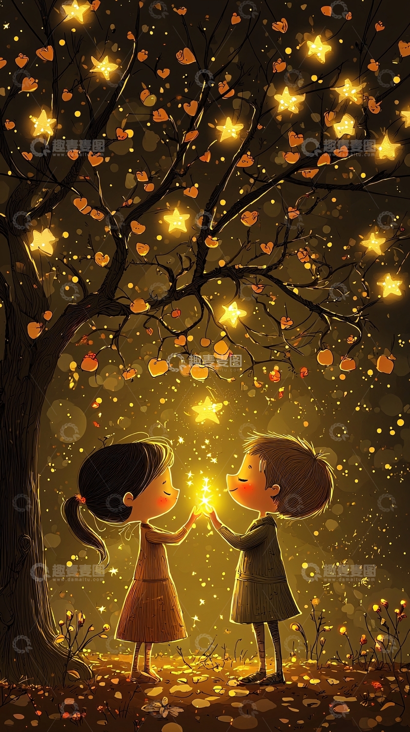 高清大图下载【趣麦麦图】浪漫星光树下儿童相遇