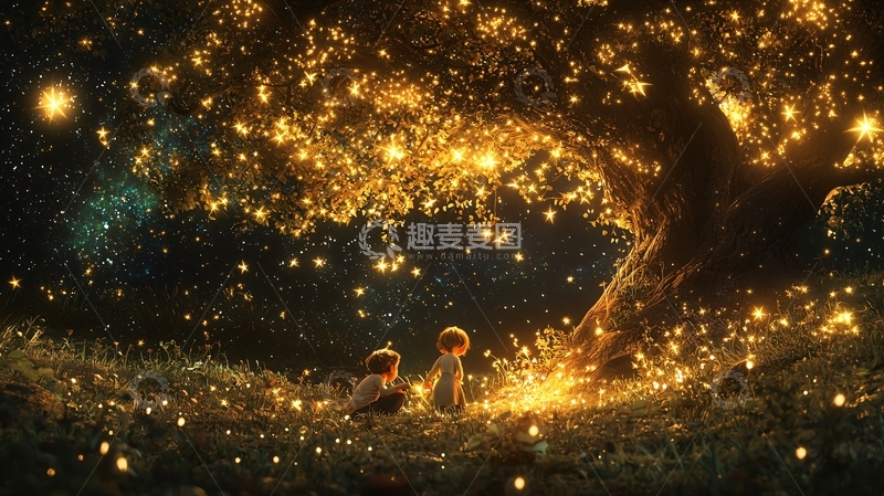 高清大图下载【趣麦麦图】萤火虫树下两个孩子
