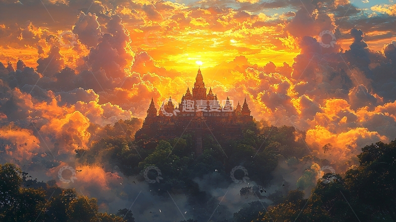 高清大图下载【趣麦麦图】云海日落古寺