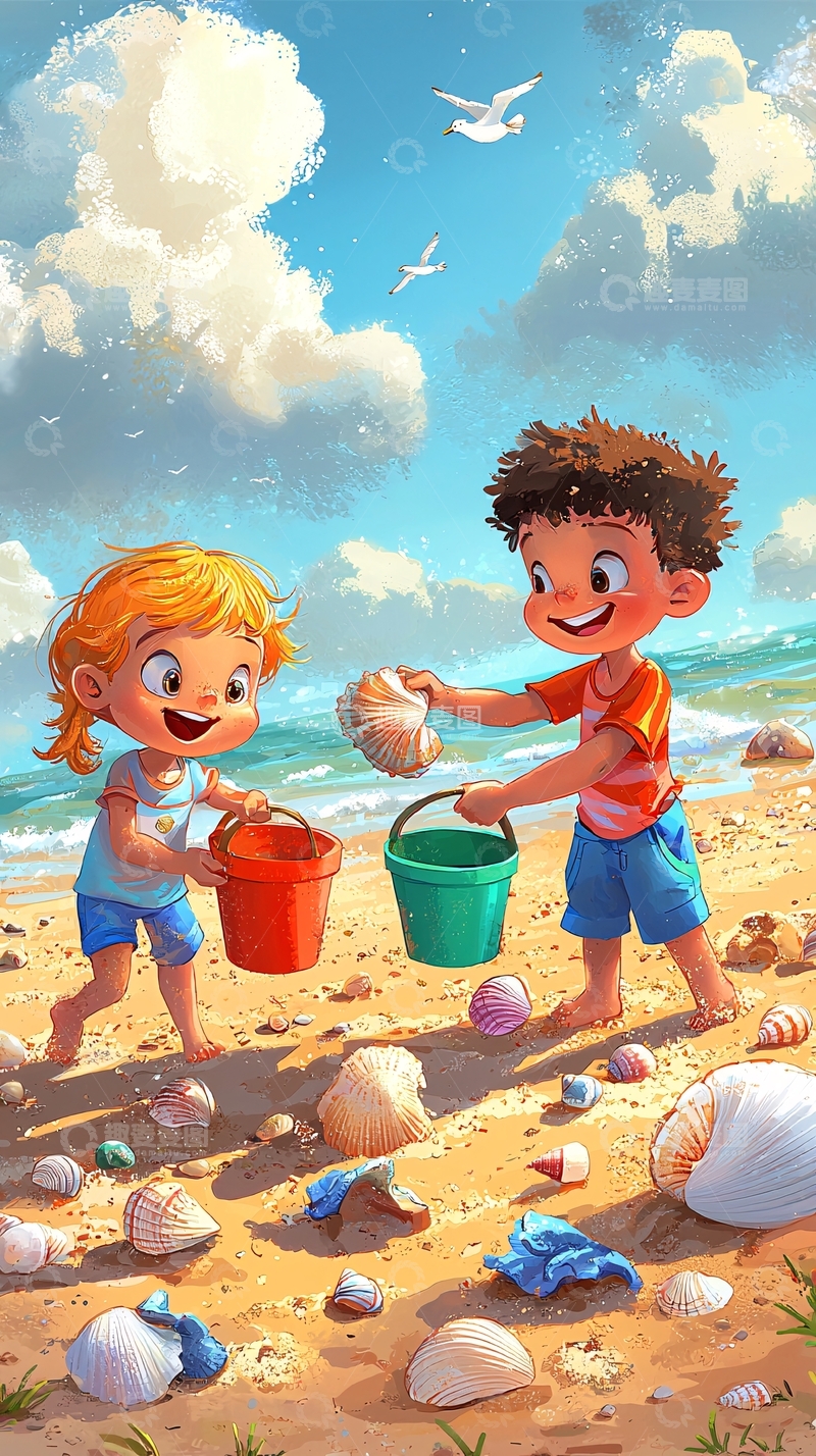 高清大图下载【趣麦麦图】沙滩上玩耍的两个孩子