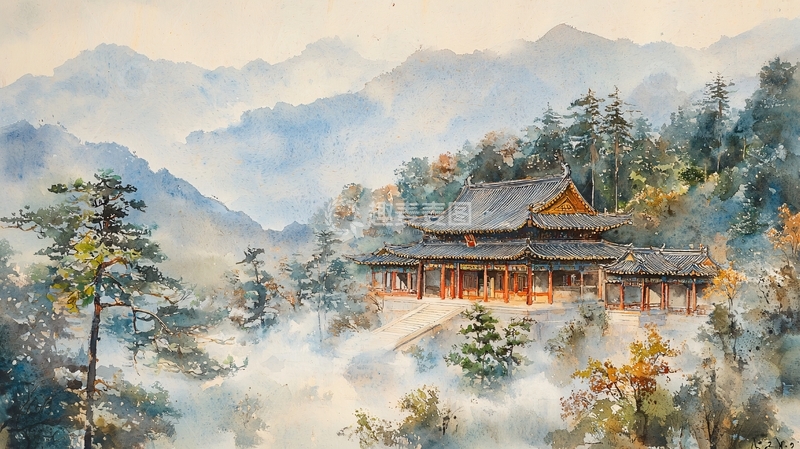 高清大图下载【趣麦麦图】山间寺庙云雾缭绕