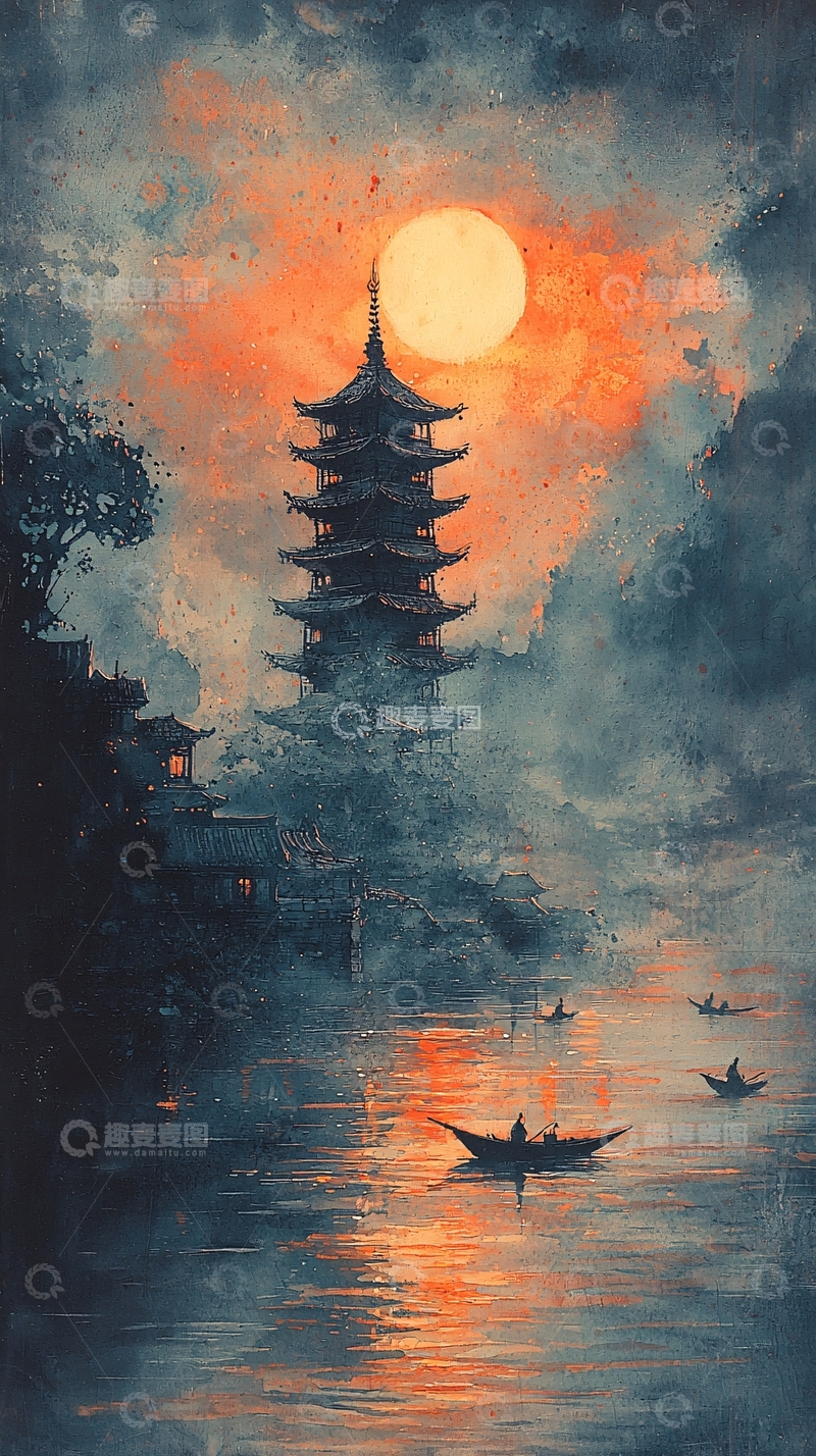 高清大图下载【趣麦麦图】水墨风塔楼水面月亮