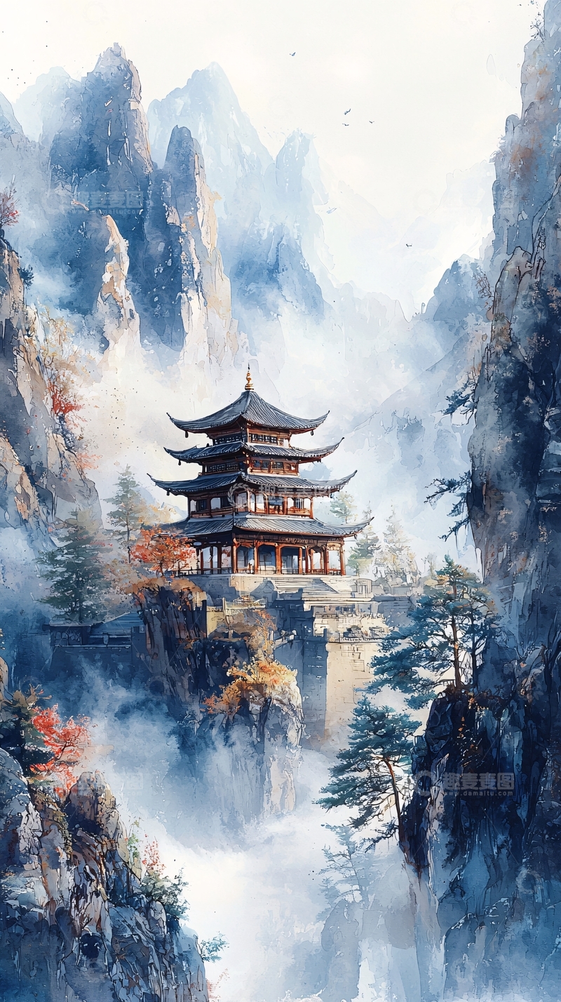 高清大图下载【趣麦麦图】山间寺庙水墨风格