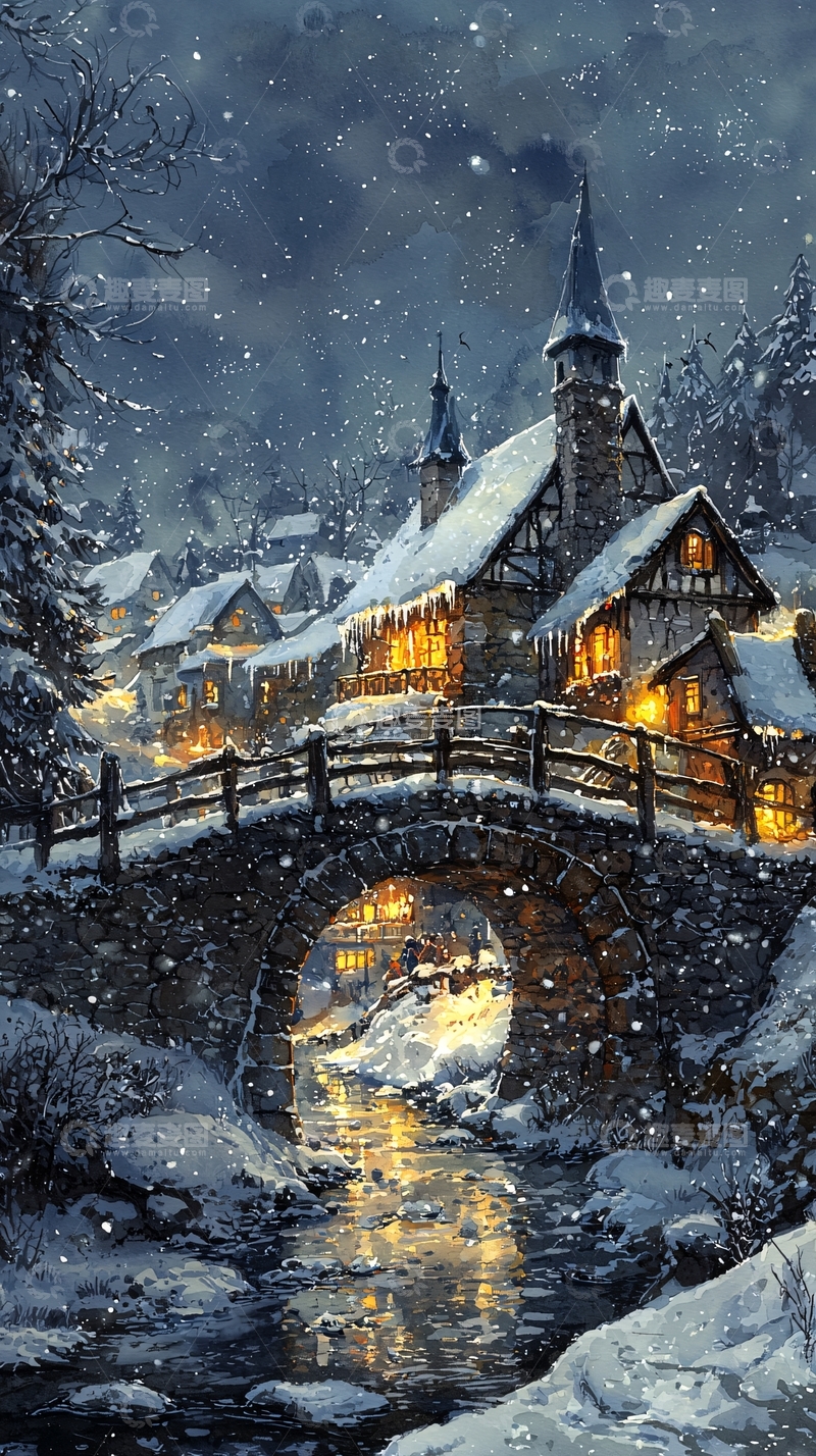 高清大图下载【趣麦麦图】冬夜雪景小镇桥