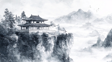 悬崖上的古风建筑风景