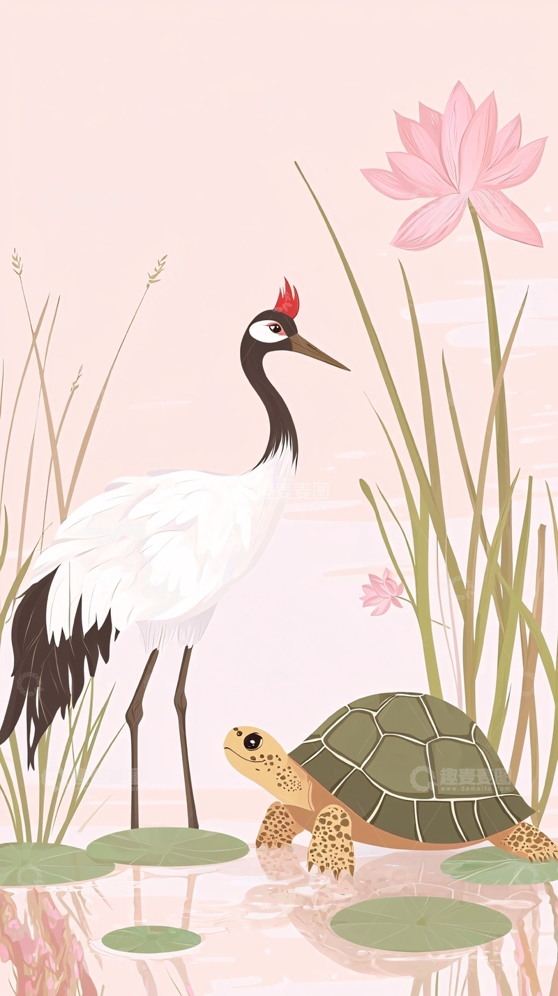 高清大图下载【趣麦麦图】-仙鹤与乌龟水墨画