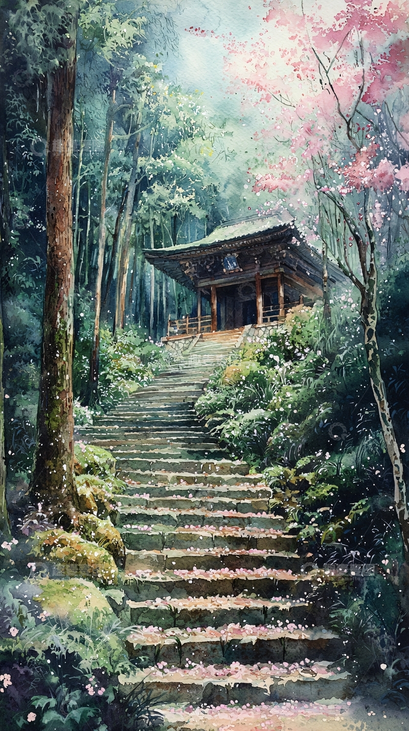 高清大图下载【趣麦麦图】山间古寺樱花雨