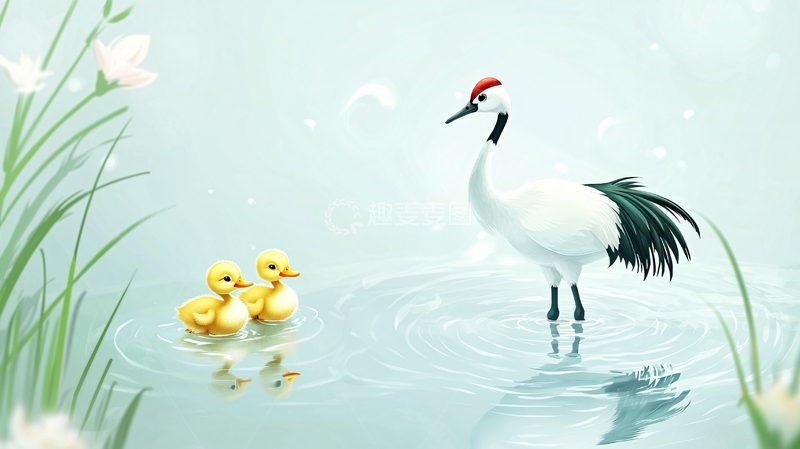 高清大图下载【趣麦麦图】丹顶鹤与小黄鸭