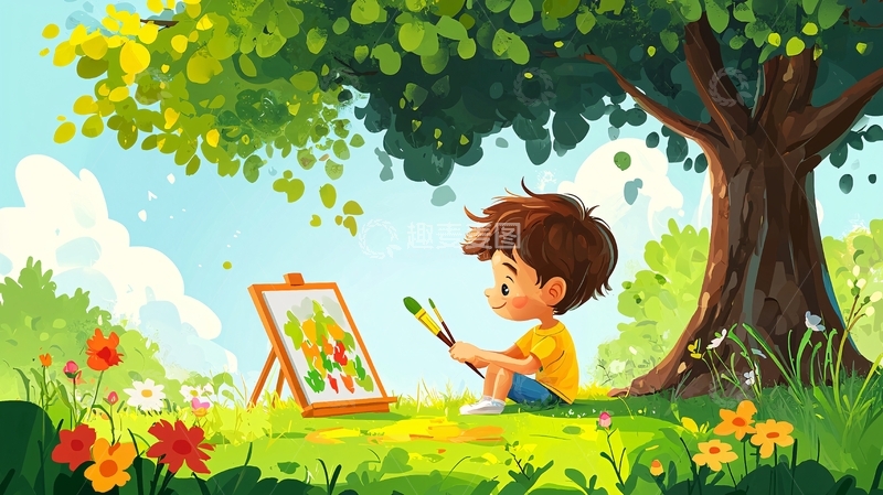 高清大图下载【趣麦麦图】男孩在树下绘画
