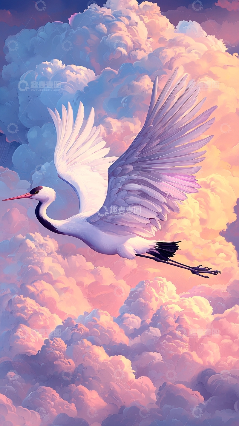 高清大图下载【趣麦麦图】仙鹤飞翔云海
