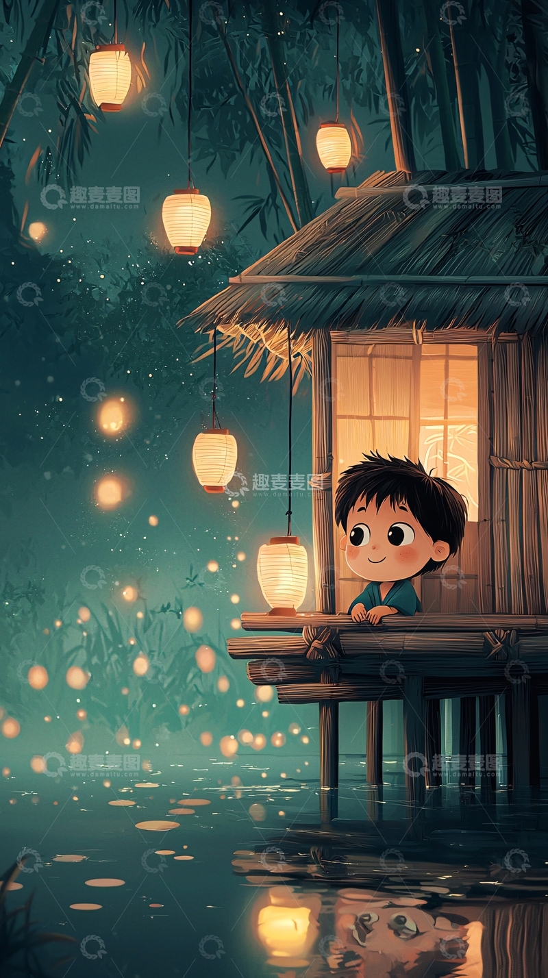 高清大图下载【趣麦麦图】童话风格小男孩河边小屋