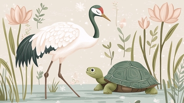 仙鹤与乌龟的童话插画
