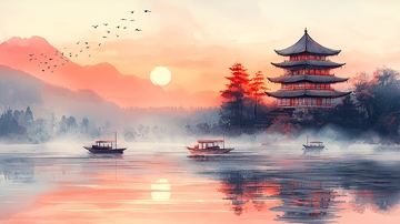 东方水墨风日出江景