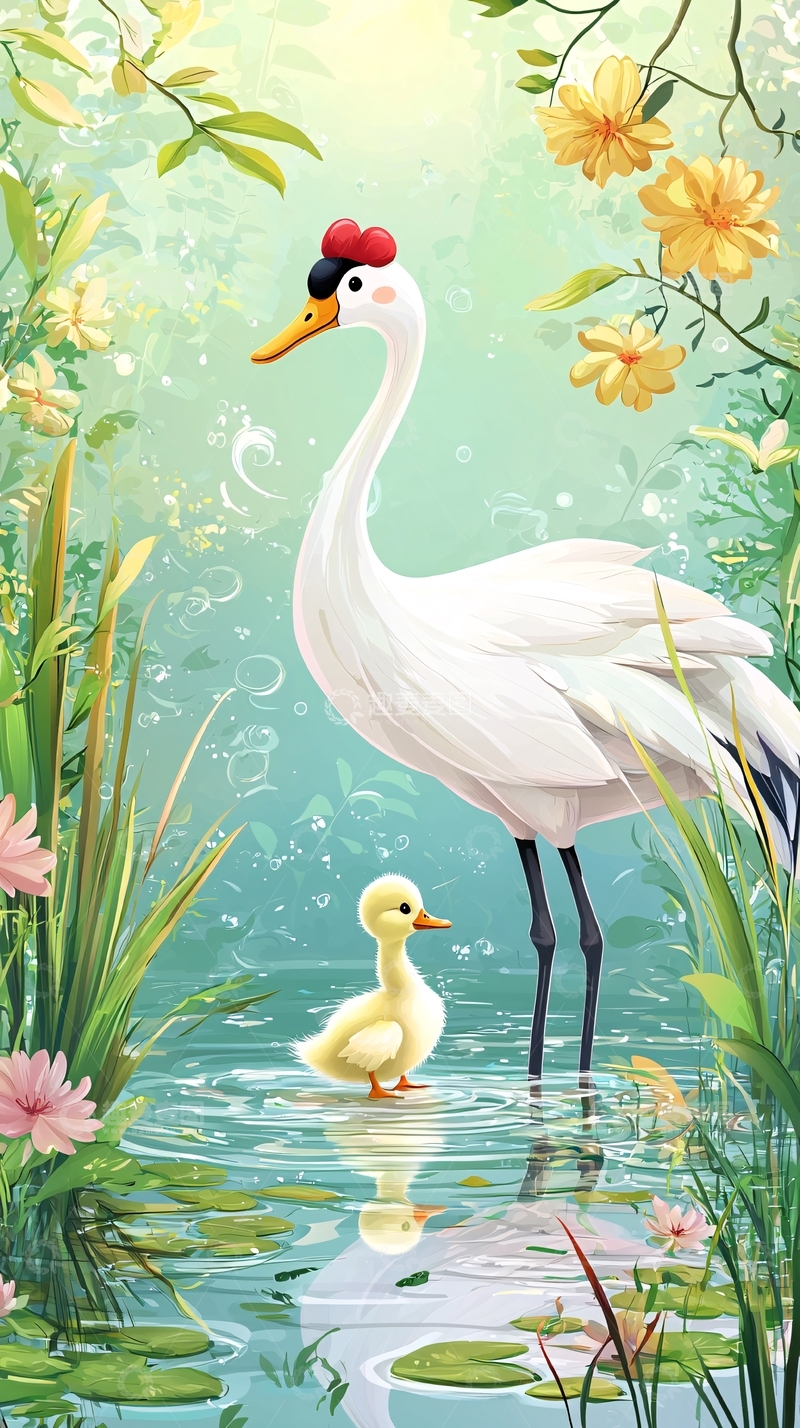 高清大图下载【趣麦麦图】仙鹤和幼鸟水中嬉戏