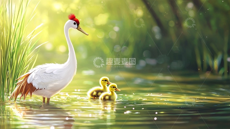 高清大图下载【趣麦麦图】白鹤和幼鸟在水中嬉戏