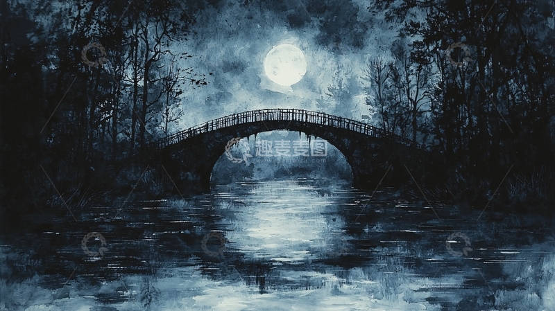 高清大图下载【趣麦麦图】月夜森林古桥