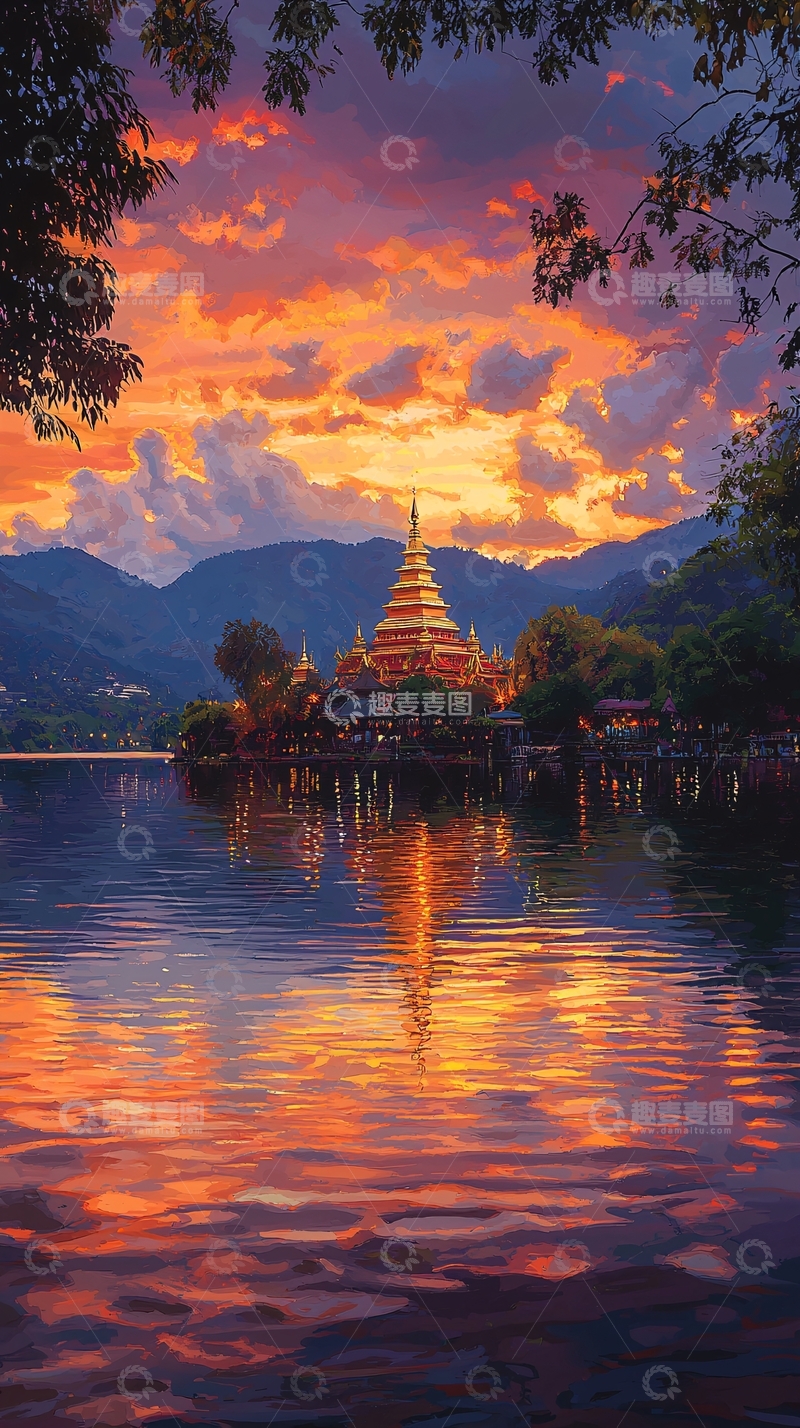 高清大图下载【趣麦麦图】宁静湖面上的金色佛塔