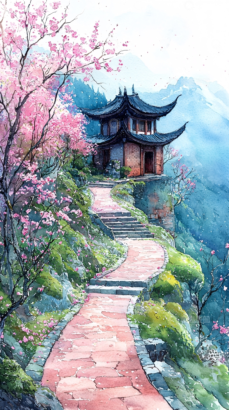 高清大图下载【趣麦麦图】山间小路樱花古寺