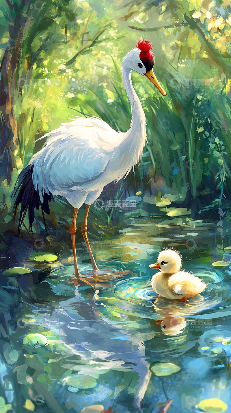 高清大图下载【趣麦麦图】白鹤和黄鸭子在池塘边