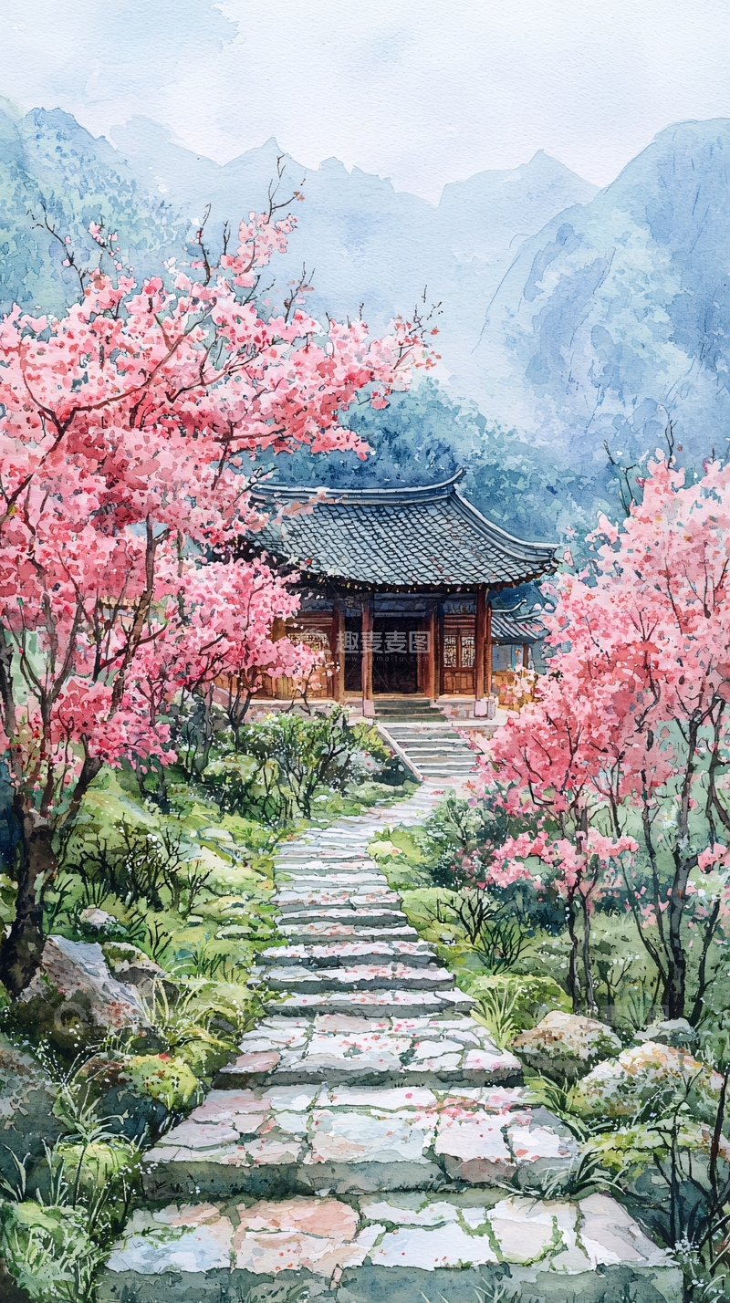 高清大图下载【趣麦麦图】国风山水桃花小路亭台