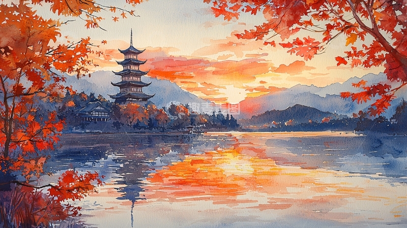 高清大图下载【趣麦麦图】秋日湖畔的日落倒影