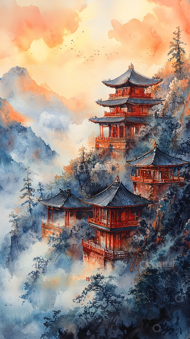 高清大图下载【趣麦麦图】水墨画风山间寺庙