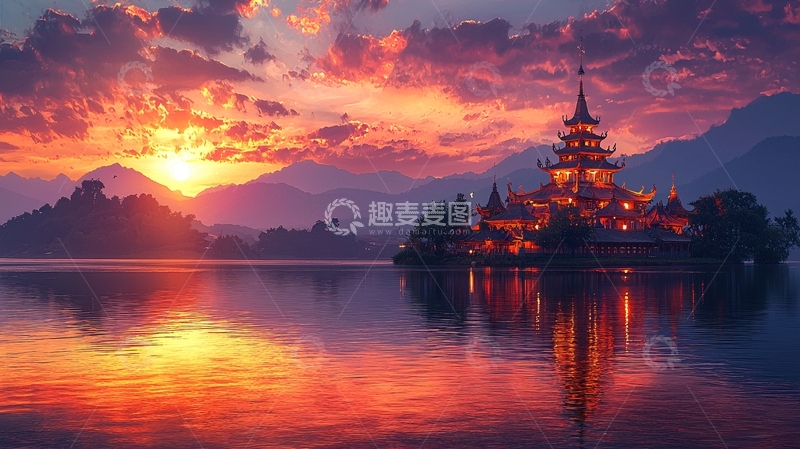 高清大图下载【趣麦麦图】日落湖景古建筑