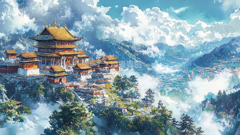 高清大图下载【趣麦麦图】山顶宫殿云雾缭绕