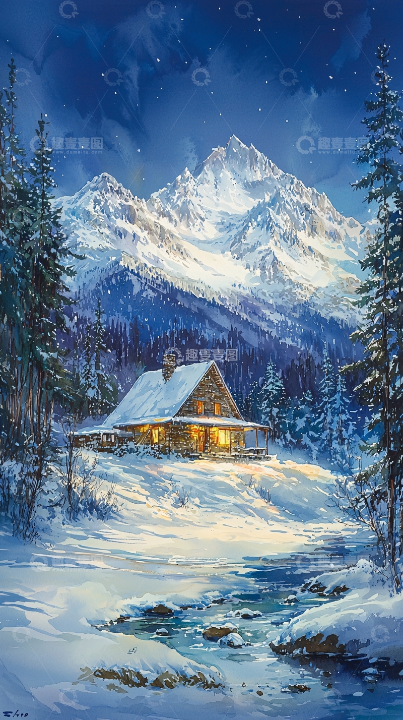 高清大图下载【趣麦麦图】雪山木屋夜景