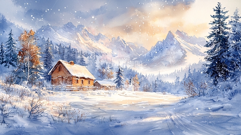 高清大图下载【趣麦麦图】雪山下的木屋