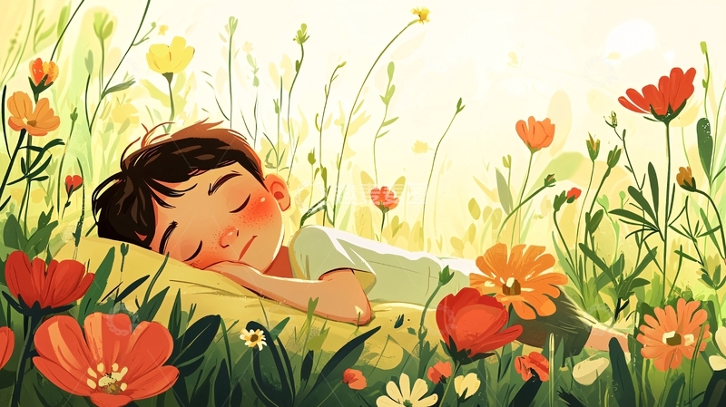 高清大图下载【趣麦麦图】男孩在花丛中熟睡