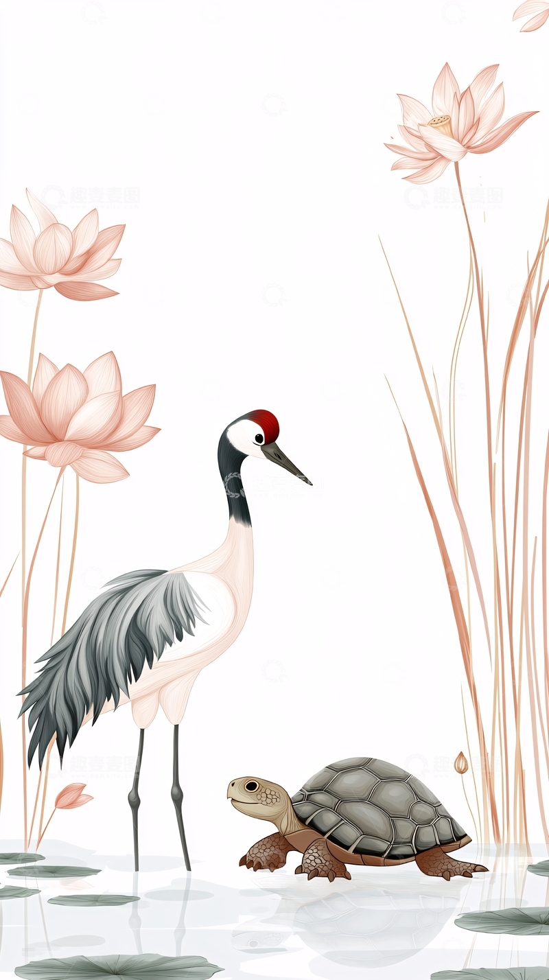 高清大图下载【趣麦麦图】仙鹤与龟荷花图