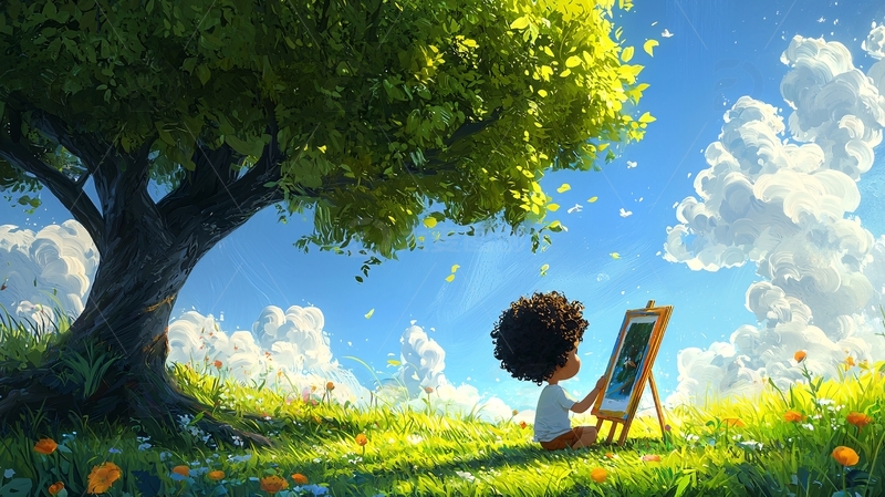 阳光下孩子绘画