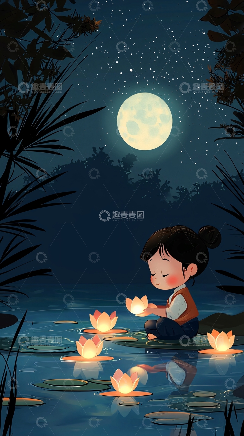 高清大图下载【趣麦麦图】唯美月亮女孩荷花灯