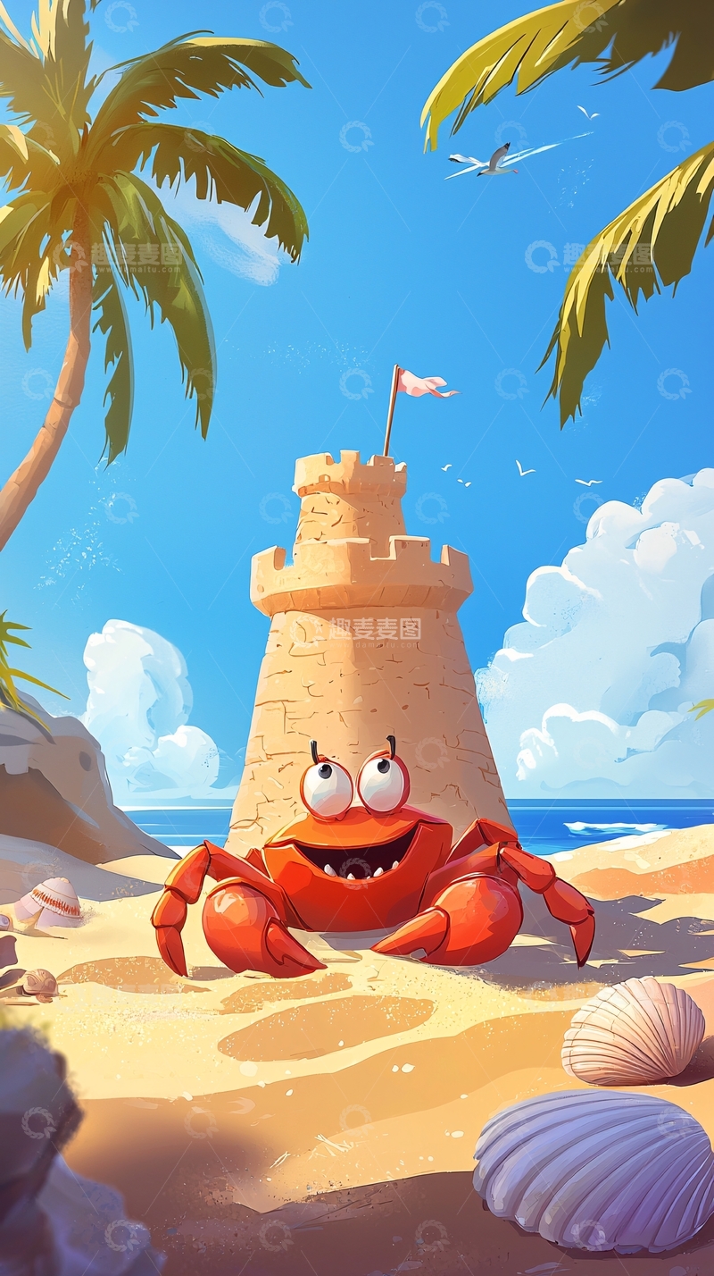 高清大图下载【趣麦麦图】沙滩上的螃蟹与沙堡