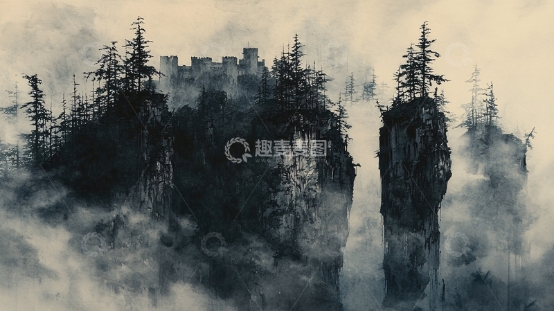 高清大图下载【趣麦麦图】云雾缭绕山峰古堡