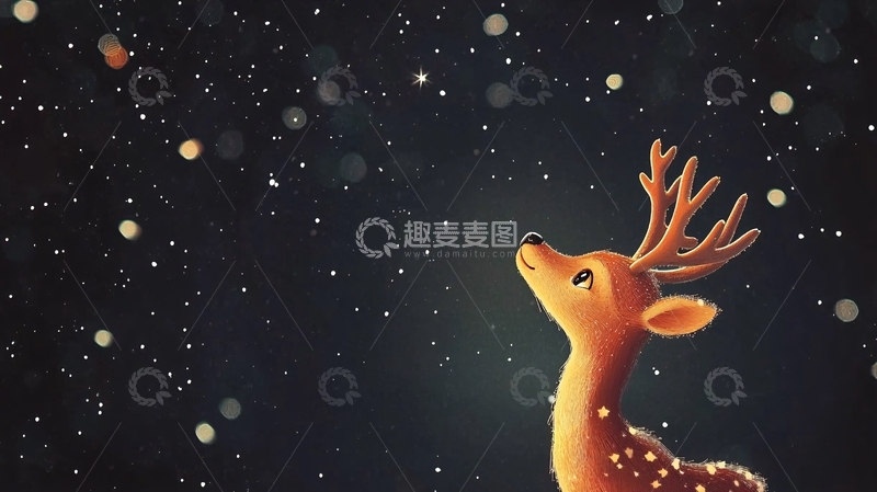 高清大图下载【趣麦麦图】小鹿仰望星空雪花飞舞