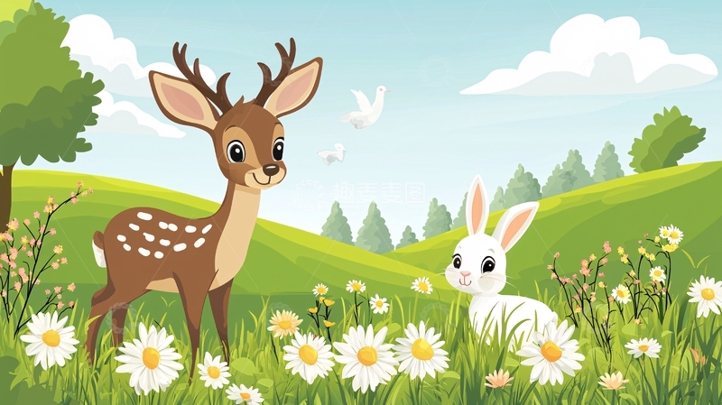 高清大图下载【趣麦麦图】卡通小鹿和兔子