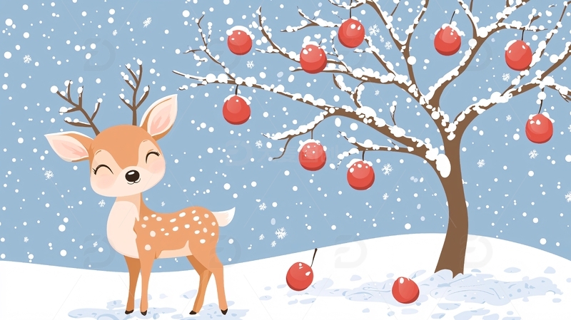 可爱小鹿雪中苹果树