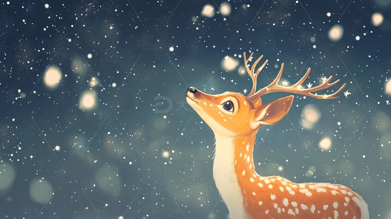 冬夜里抬头凝望的梅花鹿