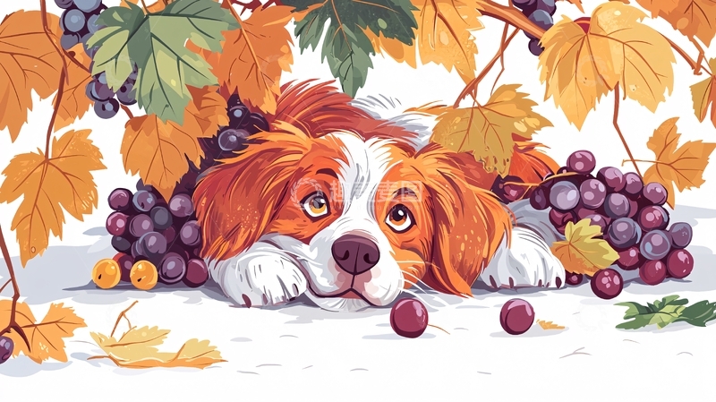 高清大图下载【趣麦麦图】小狗葡萄藤下秋叶