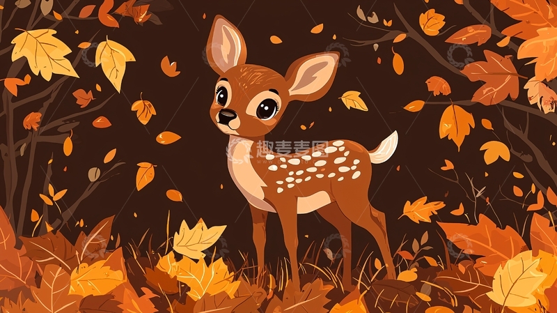 高清大图下载【趣麦麦图】秋叶中可爱的小鹿