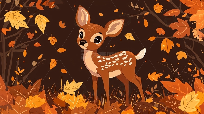 秋叶中可爱的小鹿