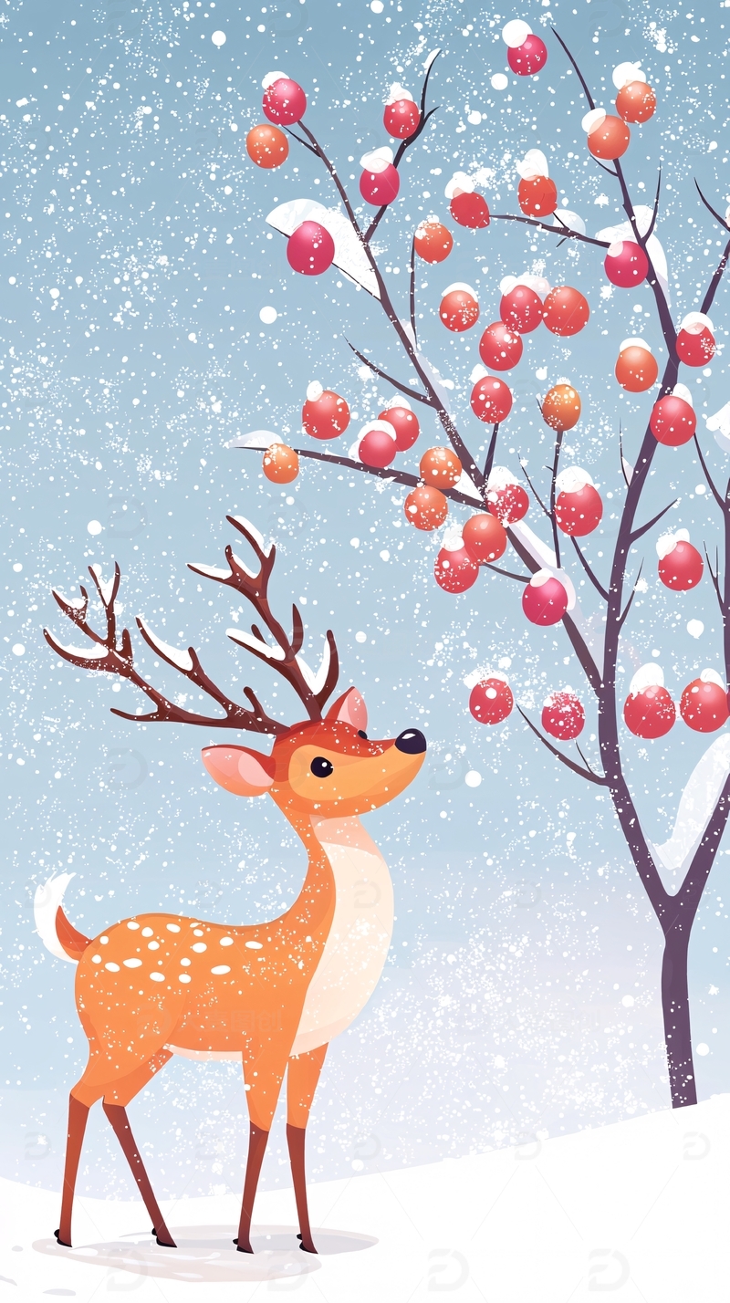冬日小鹿与红果树