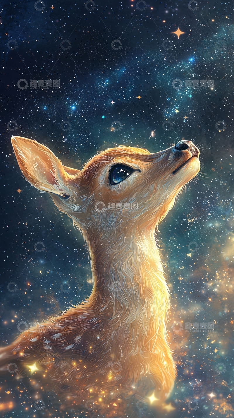 高清大图下载【趣麦麦图】星空下的可爱小鹿