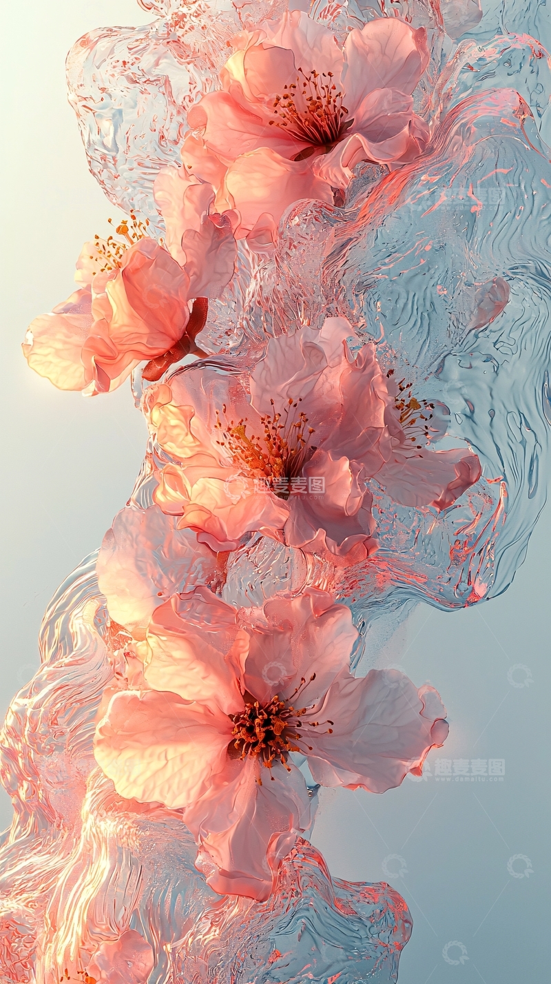 高清大图下载【趣麦麦图】淡粉色花朵在清澈水中