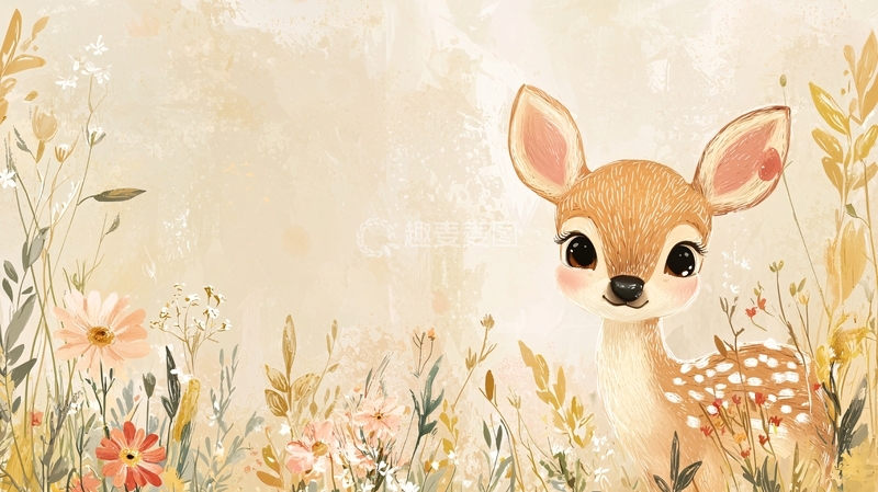 高清大图下载【趣麦麦图】可爱小鹿花田水彩画