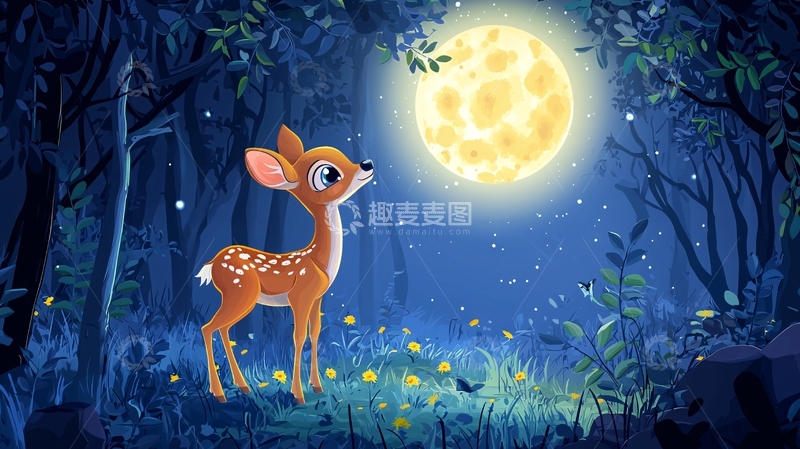 高清大图下载【趣麦麦图】森林小鹿仰望明月