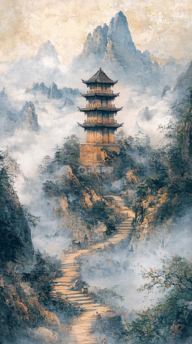 高清大图下载【趣麦麦图】山间古塔云雾缭绕